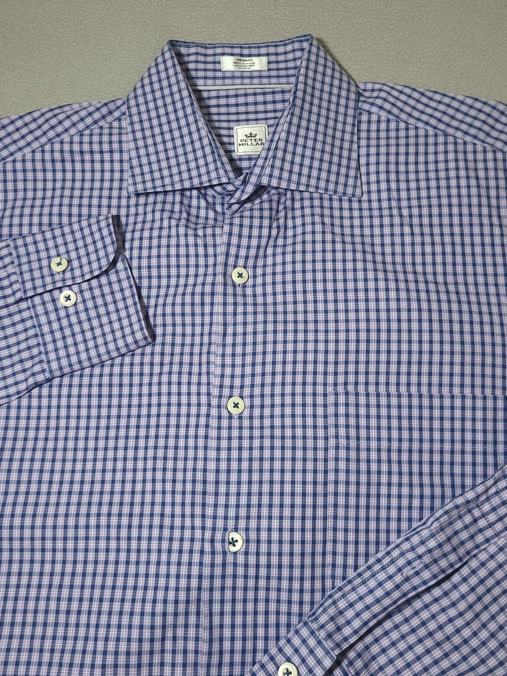 Peter Millar Shirt M Mens Plaid Purple Blue Check Long Sleeve Cotton Button Up